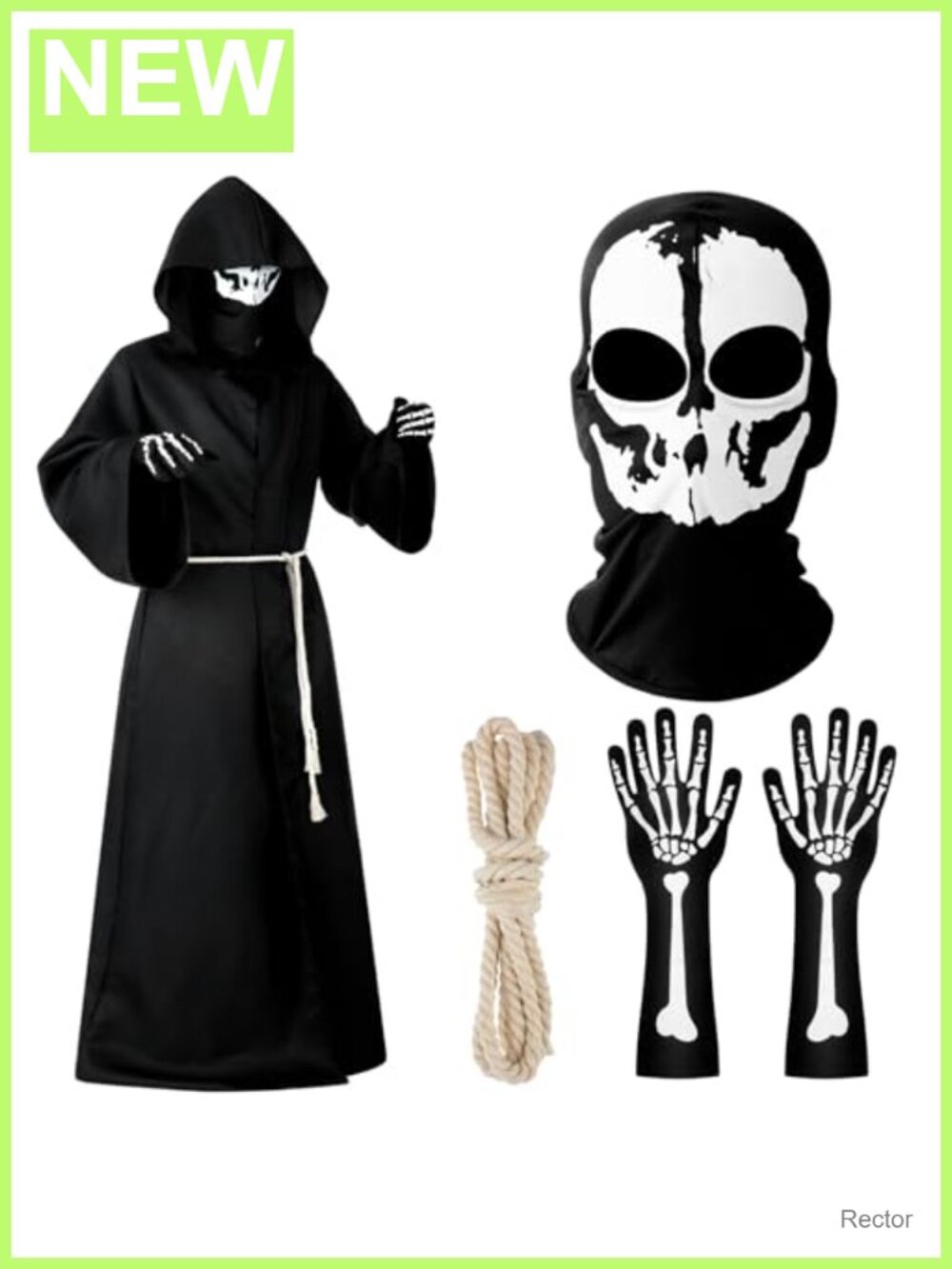 Grim Reaper Costume Set Hooded Cape Rope Skull Mask Gloves Cosplay Halloween Men